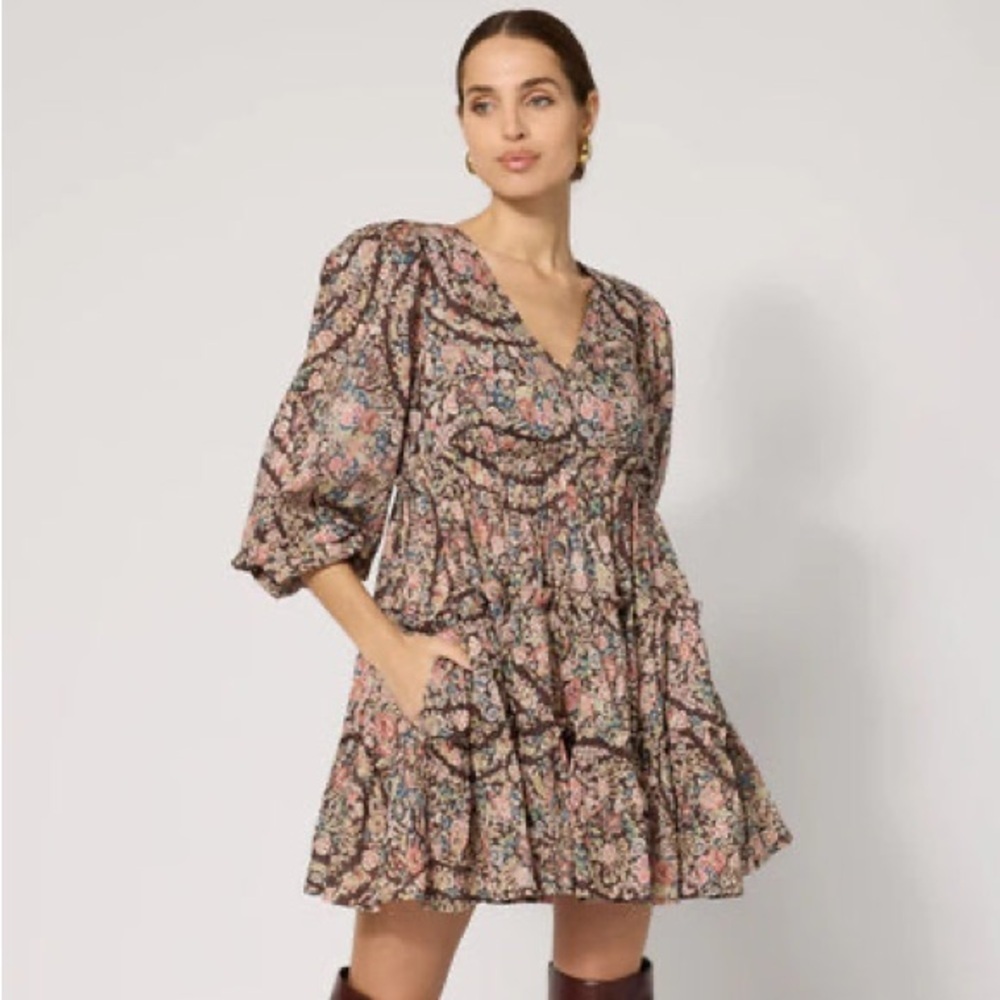 Cleobella Francesca Mini Dress XS Floral Print Boho Mini Long Bell Sleeve - Picture 2 of 6
